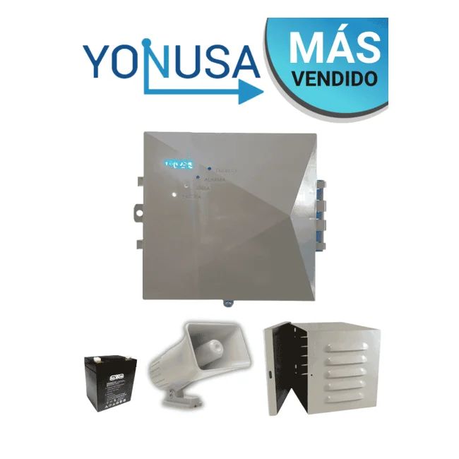 YONUSA EYNG12001BAT - Energizador de nueva generación de12,000 V con hasta 2,500 metros lineales, compatible con modulo Wifi, incluye Sirena de 30W con gabinete metálico y batería de respaldo de 12VDC a 4.5 Ah