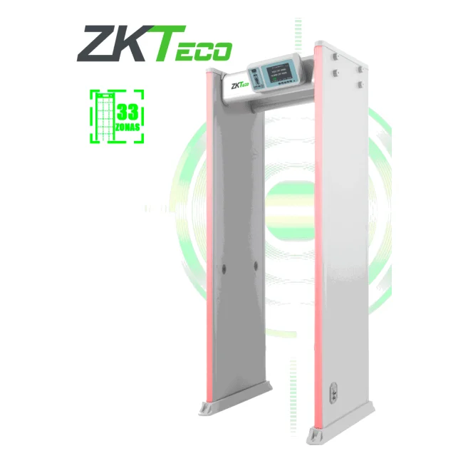 ZKTECO D4330 - Arco Detector de Metales con 33 zonas de detección, 300 niveles de sensibilidad, pantalla HD 7", indicadores LED en ambas vistas, control remoto y batería de respaldo incluida.