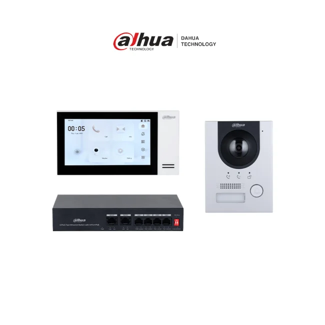 DAHUA KTP01L(S)-Kit de Videoportero IP con Frente de Calle Metálico Antivandálico y cámara de 2MP. Incluye monitor táctil de 7", ranura SD, control de puerta, E/S de alarmas, y switch PoE d 6 puertos, 36W Ideal para seguridad avanzada