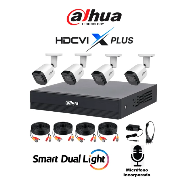 DAHUA DHI-KIT/XVR1B04H-I/T/4-B2A51N-U-IL-A-0280B-S3-DIP -Kit de 4 Ch de 5 MP/ DVR Cooper-I WizSense/Con IA/ H.265+/4 Camaras B2A51 Metalicas/4 Ch + 1 IP o Hasta 5 Ch IP/ 4 Ch SMD Plus/Busqueda de Humanos y Vehiculos/Accesorios Incluidos