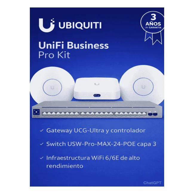 UBIQUITI UniFi Business Pro Kit - Solución empresarial que integra UCG-Ultra como gateway y controlador, switch USW-PRO-MAX-24-POE capa 3 con PoE++ y 2.5G, WiFi 6/6E con U6-PRO y U6-ENTERPRISE, ofreciendo alto desempeño, seguridad y escalabilidad.