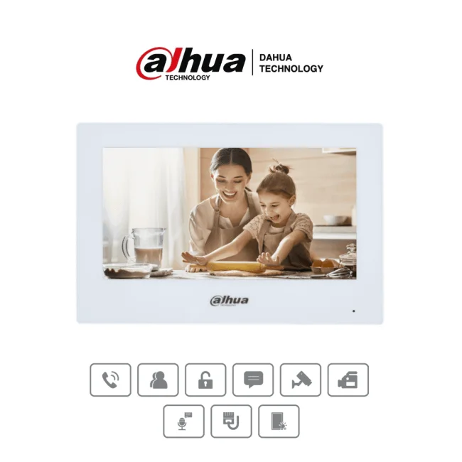 DAHUA VTH2621GW-P - Monitor IP Touch de 7 Pulgadas/ Serie Lite/ Blanco/ Poe Estandar/ 6&1 E&S de Alarmas/ Uso Interior/ Modo No Molestar/ H.265/ Soporta Hasta 4 Frentes de Calle y 4 Monitores Adicionales/