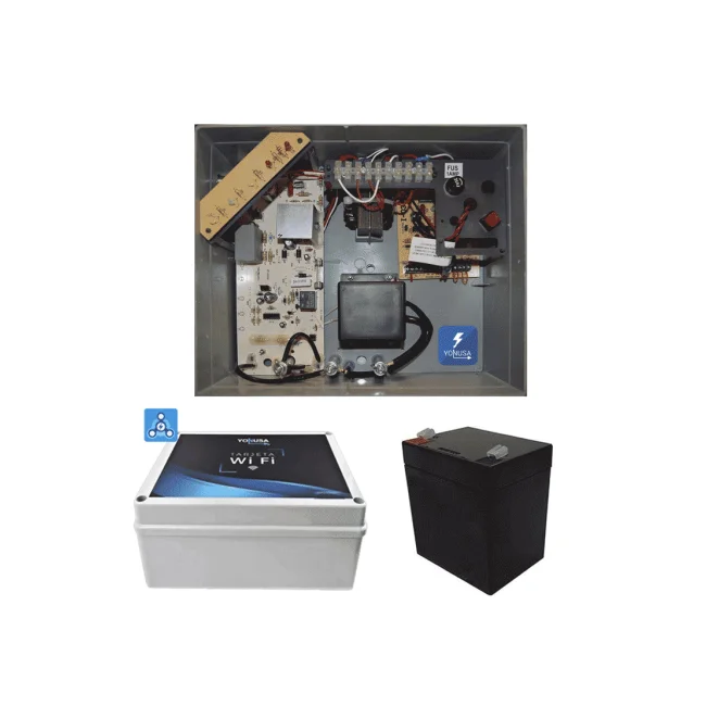 YONUSA PACKEY12000127P - Paquete de energizador de 12,000V para un cerco eléctrico de hasta 3500 mts lineales/ Incluye modulo wifi para manejo y recepción de alertas desde celular/  Batería de respaldo de regalo