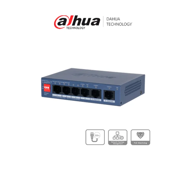 DAHUA DH-CS4006-4ET2GT-36 - Switch PoE de 6 Puertos Fast Ethernet/4 Puertos PoE 10/100/1000 / 2 Puertos uplink 10/100/ 36 Watts Totales/ Switching 1.2 Gbps/ Tasa de Reenvio de Paquetes .89 Mbps/ con Protección de Descargas/