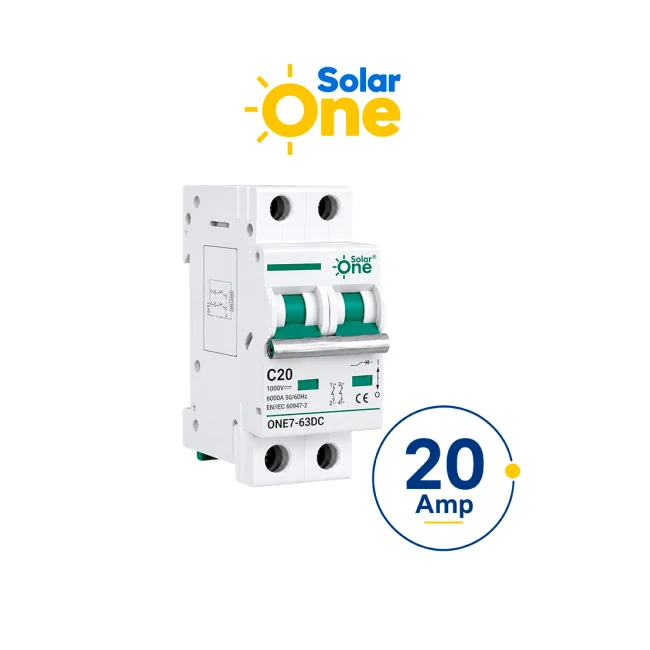 Interruptor termomagnético de corriente Directa 2 Polos 20 Amp / 1000 VDC  / Estándar UL / Protección con sistema de disparo termomagnético / Montaje riel Din / Protección IP20