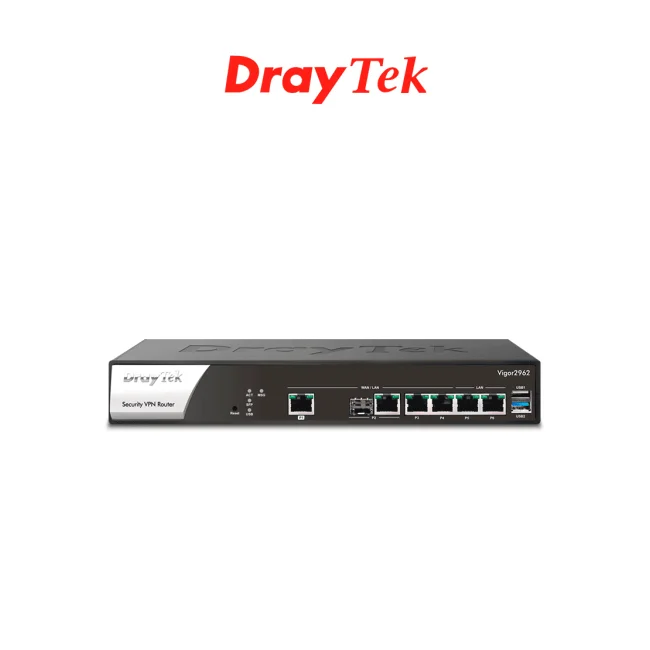 DrayTek VIGOR2962- Ruteador Multi-WAN Balanceador para PyMEs, hasta 200 túneles VPN, 1 puerto WAN 2.5GB, 1 combo SFP & RJ45 WAN, 2 puertos LAN & WAN GE, 2 LAN RJ45 GE, con filtrado web