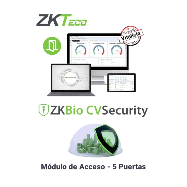ZKTECO ZKBIOCVACP5 - Licencia Vitalicia para 5 Puertas en Control de Acceso BioCVSecurity / Hasta 30 000 Usuarios / 200 Departamentos / 200 Áreas