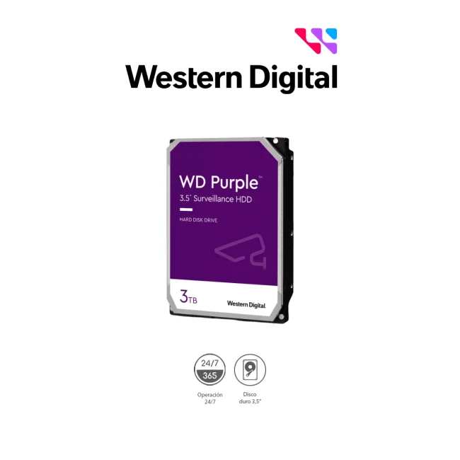 WESTERN WD34PURZ - Disco Duro de 3TB Purple/ Especial para Videovigilancia/ Trabajo 24/7/ Interface: Sata 6 Gb/s/ Hasta 64 Cámaras/ Hasta 16 Bahías de Discos Duros/ 3 Años de Garantía / 6Gb/s