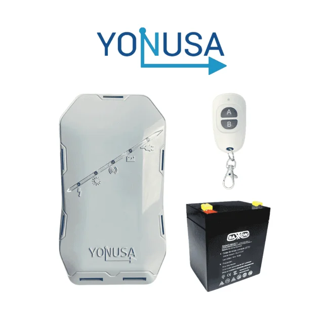 YONUSA EYHS1BAT Energizador de nueva generación para solución de cerco eléctrico. Cubre 500 metros lineales o 100 metros en 5 líneas  y batería de respaldo de 12VDC a 4.5 Ah