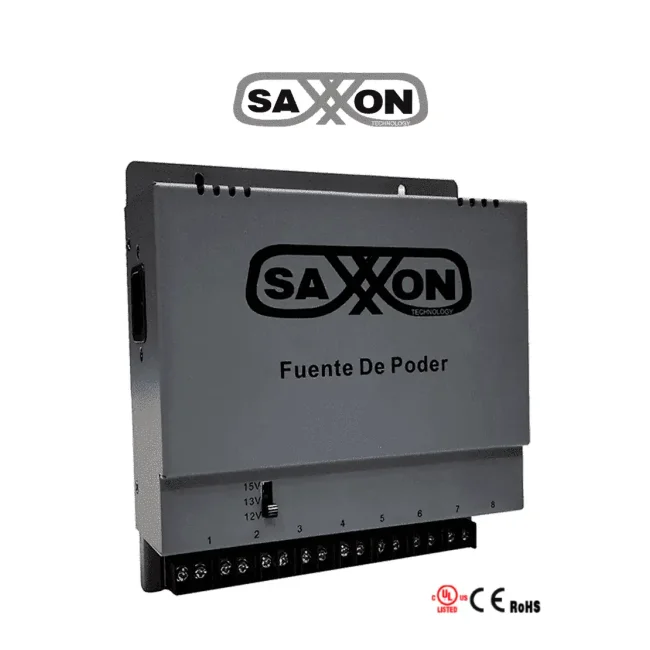 SAXXON ENERGIA PSU1208A - Fuente de poder Regulable Metálica/ Conexión de Hasta 8 Canales/ Voltaje de Ajuste 12V 13V o 15V cc/Salida de Hasta 8 Amp en los 8 Canales Máximo 1 Amp por canal// Instalación en Pared