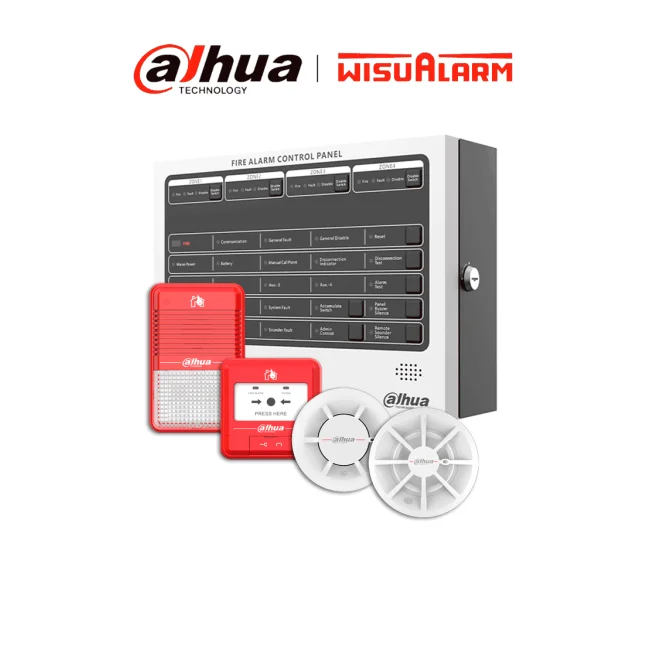 DAHUA WISUALARM PAQUETE CONVENCIONAL 4 ZONAS - El paquete incluye: un panel convencional de 4 zonas, detector de humo, detector de calor, estación manual y sirena estroboscópica