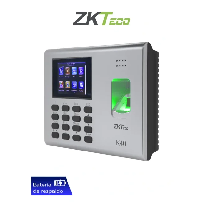 ZKTECO K40 - Control de Asistencia y Acceso Basico con Huella Digital BioID (1000), Conexion TCP/IP, SSR (Reporte en Hoja de Calculo Mediante USB) y Bateria de Respaldo de 2 Horas