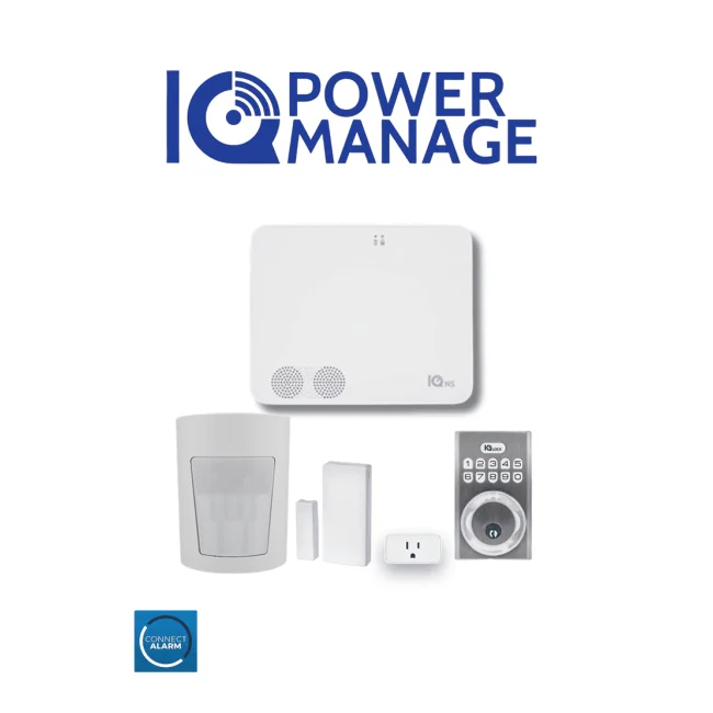 QOLSYS IQ4 NS POWER MANAGE Automation KIT - Paquete que contiene Sistema IQ 4 NS POWER MANAGE, 1 sensor PIR inalámbrico PGP9914, 1 sensor magnético inalámbrico PG9303, 1 enchufe inteligente y una cerradura power G