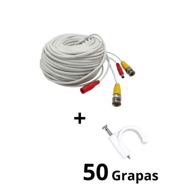 TCE-BNC20WLMG5-Paquete de Cable Siames Armado Blanco de 20 Metros con Bolsa de 50 Grapas de Pared Blancas de 5mm