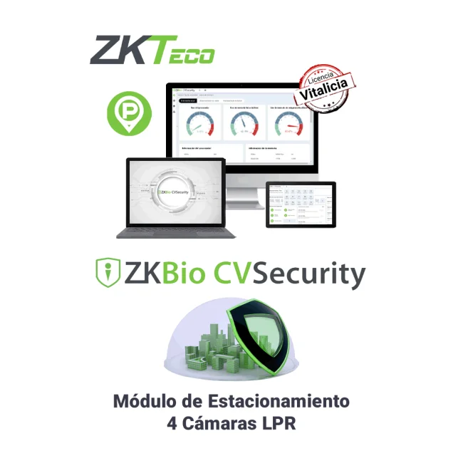 ZKTECO ZKBIOCVPARKLPR4 - Modulo Vitalicio de acceso por placas vehiculares para BioCVSecurity / 10 000 Usuarios / 1000 Áreas / 1000 Departamentos / Soporta 4 Cámaras LPR