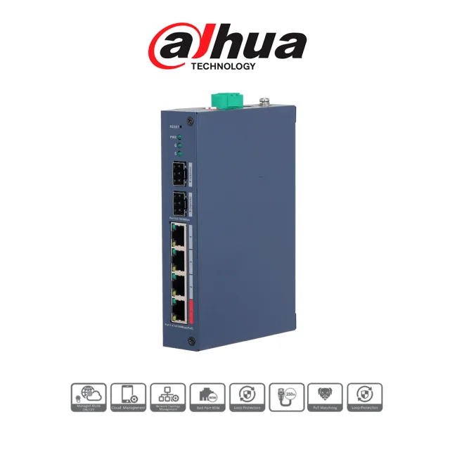 DAHUA DH-CHS4206-4ET-90 - Switch PoE de 6 Puertos Semi Industrial/ 4 Ptos Downlink PoE/ 2 Ptos Uplink SFP Gigabit/ Hasta 120W Totales/ 802.3AF & AT/ 1 Pto Hasta 90W/ Administrable Cloud Vía Dolink Care