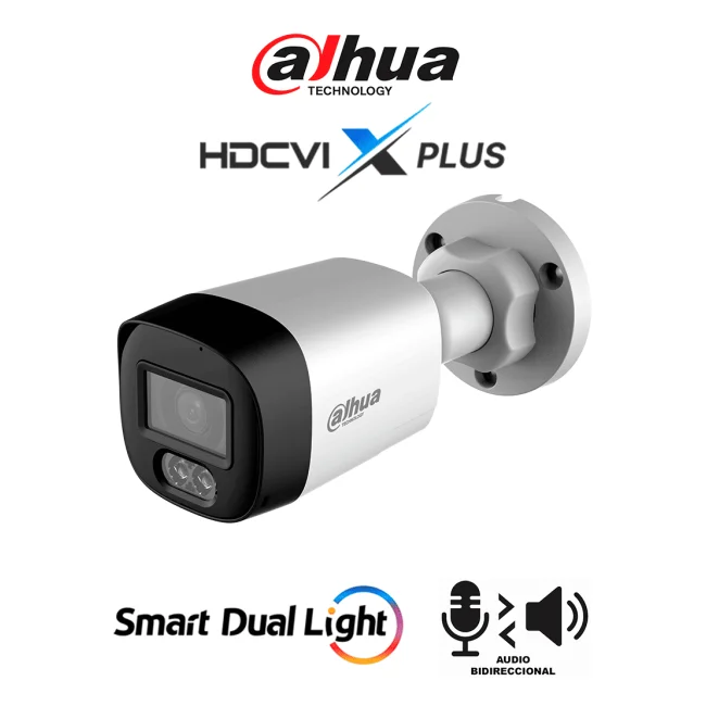 DAHUA DH-HAC-HFW1500RLN-IL-T - Cámara Bullet Full Color de 5 Megapixeles/Audio 2 vías/ Iluminador Dual Inteligente Mediante IR y Luz Calida/ Leds para 30 Metros/ DNR Para Reducción de Ruido en Imagen/ WDR de 120 dB/Lente de 2.8 mm/Policarbonato