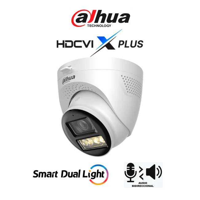 DAHUA DH-HAC-HDW1500TQN-IL-T - Cámara Domo 5MP/ Mic Integrado y Audio Bidirec/ Iluminación Dual Mediante IR y Luz Calida/ Hasta 40 Mts de Iluminación/ Lente de 2.8mm Apertura Hasta 111°/ 3DNR Para Reducción de Ruido/ IP67/ Policarbonato + Metal