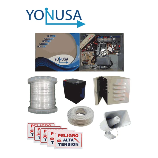 YONUSA PACK127AF -Paquete de energizador de alta frecuencia con interface/ Sirena y gabinete metálico/ Bobina de alambre 500 mts/ Bobina cable bujía/ batería y 5 letrero