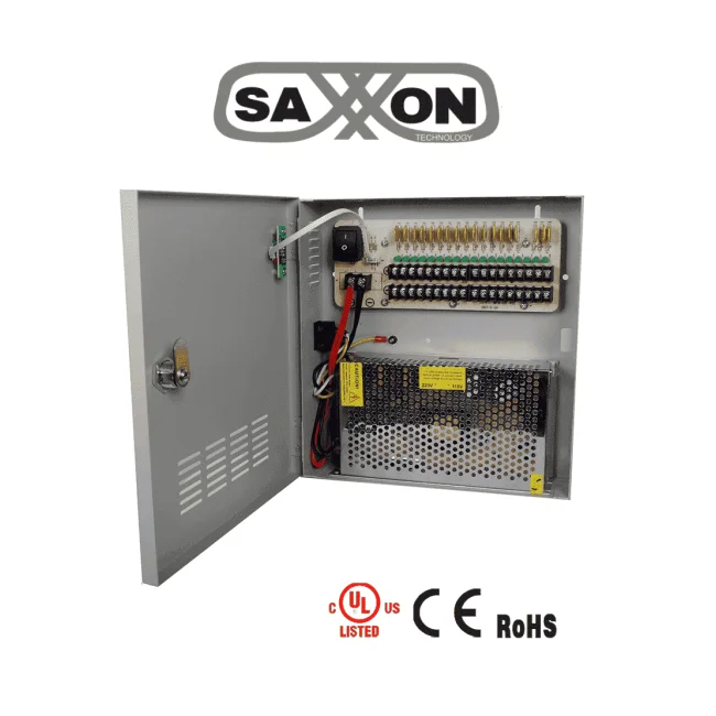 SAXXON PSU1220D18 - Fuente de 12 vcd/ 20 Amperes/ Para 18 Camaras/ 1.1 Amper por Canal/ Protección contra Sobrecargas/ Certificación UL/