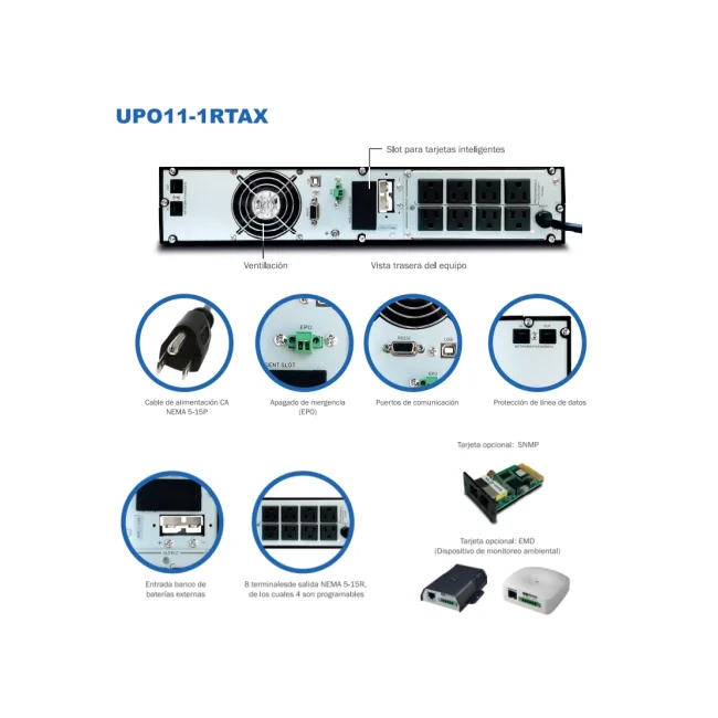 CDP UPO11-1RT AX - UPS de 1000VA y 1000W con 8 terminales, 4 programables, pantalla LCD, 5 min de respaldo a carga completa, disponible sobre pedido. image 3