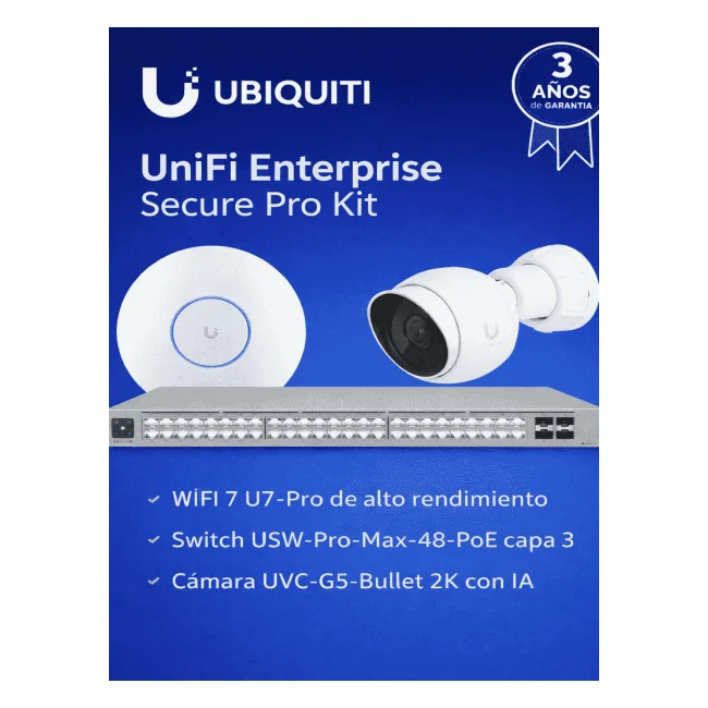 UBIQUITI UniFi Enterprise Secure Pro Kit - Solución integral con U7-PRO WiFi 7 alto desempeño, switch USW-PRO-MAX-48-POE con PoE++ y capa 3, integración de videovigilancia UVC-G5-Bullet 2K con IA, ideal para entornos empresariales de alta densidad.
