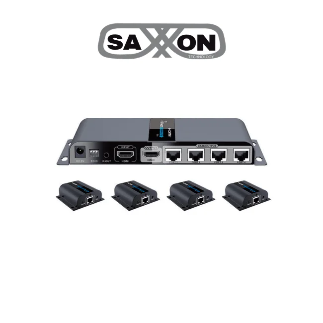 SAXXON LKV714PRO- Kit Extensor HDMI de 4 Puertos/ Resolución 1080p/ Hasta 40 metros/ Cat 6/ 6A/ 7/ Loop HDMI/ Transmisor IR/ Plug and play