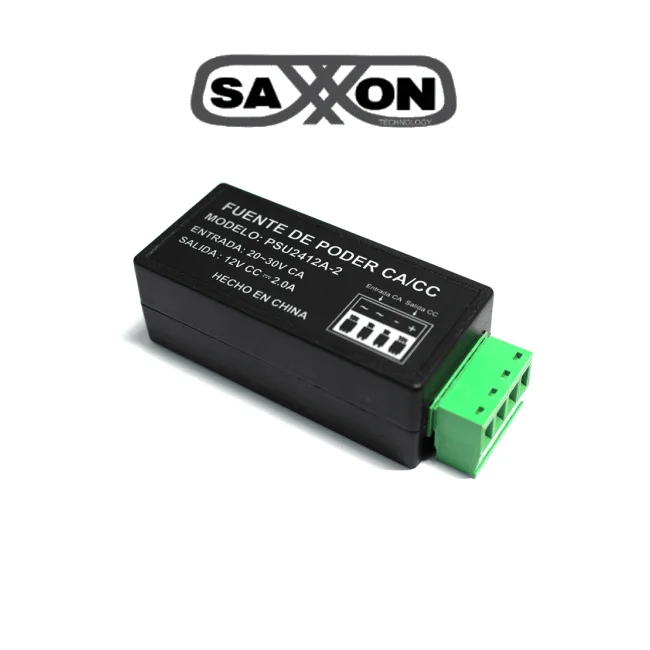 SAXXON PSU2412A2 - Fuente de poder / Convertidor de energia/ Corriente Alterna a Corriente Directa/ Voltaje de entrada 20V CA a 30V CA/ Voltaje de Salida 12V CD/ / 2 Ampere / Recomendable para alimentacion de camaras CCTV a larga distancia