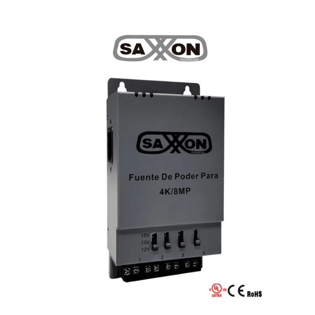 SAXXON ENERGIA PSU1205A-4K - Fuente de poder Regulable Metálica/ Conexión de Hasta 4 Canales/ Voltaje de Ajuste 12V 13V o 15V cc/ Salida de Hasta 5 Amp en los 4 Canales/ Instalación en Pared