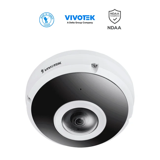 VIVOTEK FE9380-HV - Cámara IP fisheye exterior 5 MP, H.265, panorámica 360º, Smart IR 10m, WDR Pro, micrófono integrado, IP66/IK10, ciberseguridad Trend Micro, Smart Stream III, visión SNV, NDAA, ONVIF