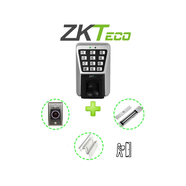ZKTECO MA500PAK - Control de Acceso Profesional de Huella / Tarjeta y Password para Exterior con IP65 /  Incluye Contrachapa Magnética LM2805 de 200Kg / Soporte de Fijación ZL / Botón de Salida No Touch