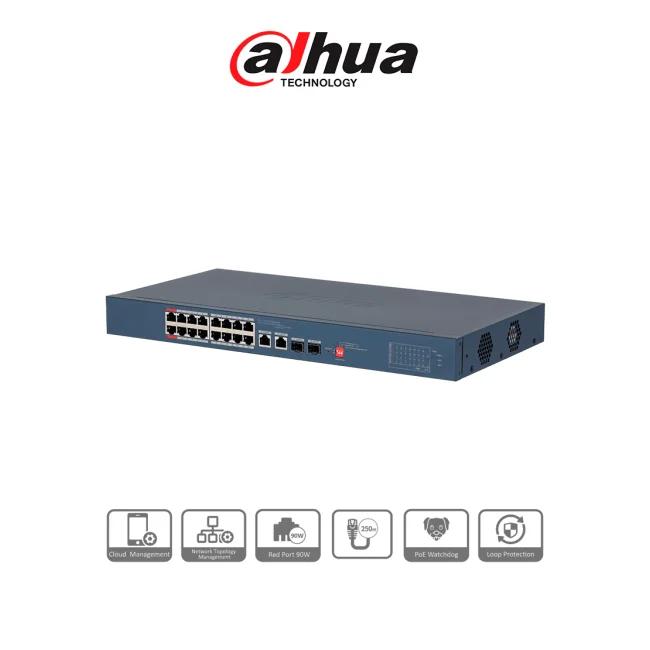 DAHUA CS4218-16ET-135 - Switch PoE de 18 Puertos/ 16 Puertos Poe 10/100/ 2 Puertos Uplink 10/100/1000 + 2 Puertos SFP/ 135 Watts Totales/ Administrable en la Nube por DoLynk Care/ PoE Hasta 250 Metros/ Carcasa Metalica/ Switching 7.2 Gbps