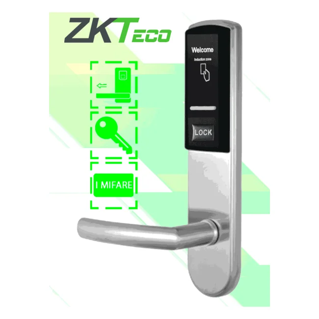 ZKTECO LH3000L - Cerradura Izquierda para Hotel con Tecnología Mifare 13.56 MHz, Compatible con Puertas de 40 a 55 mm de Grosor, 2 Pestillos de Seguridad, Fabricada en Acero Inoxidable, Capacidad de Registro de 224 Eventos