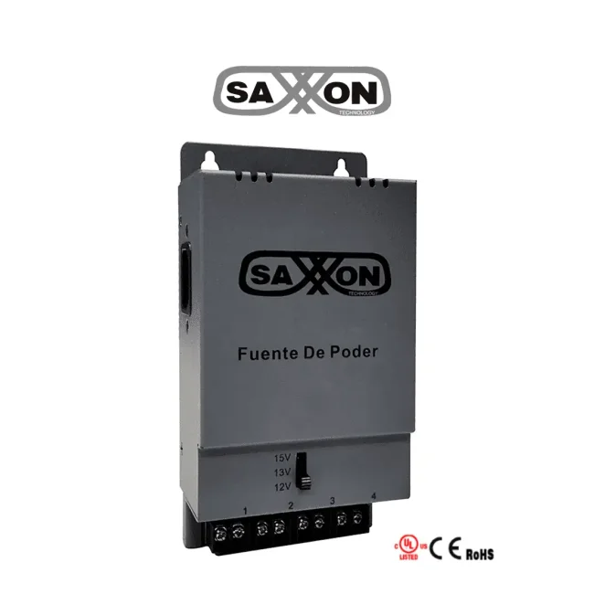 SAXXON ENERGIA PSU1205A - Fuente de poder Regulable Metálica/ Conexión de Hasta 4 Canales/ Voltaje de Ajuste 12V 13V o 15V cc/ Salida de Hasta 5 Amp en los 4 Canales/ Instalación en Pared