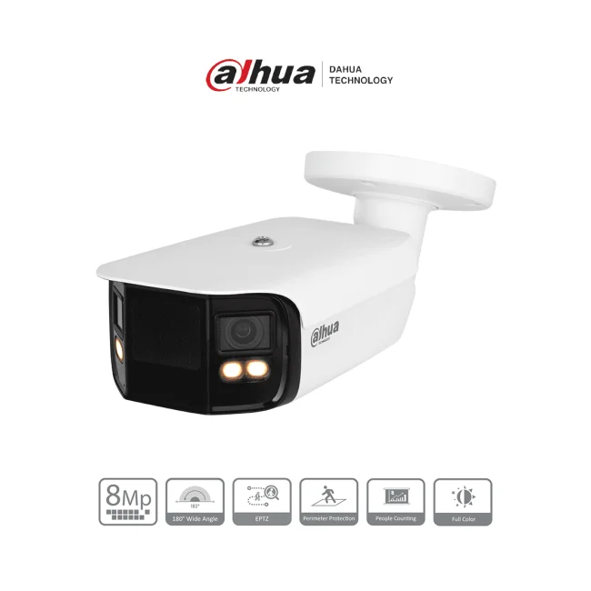 Dahua IPC-PFW5849-A180-E2-ASTE - Cámara IP Bullet 4K con multivisión en color, LED de 40 m y ángulo de 180°. Tecnología H.265, WDR, ROI, y SMD 4.0. Resistente al agua (IP67) con audio y alarma E&S para una vigilancia avanzada y detallada.