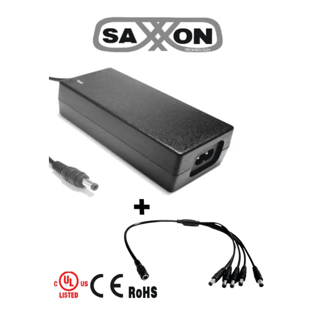 SAXXON uFP12VDC41APAQ - Paquete de Fuente de Poder Regulada de 12 Vcc 4.1 Amperes + Divisor para 5 Cámaras/ Color Negro/ Para Usos Multiples: Sistemas de CCTV, Acceso, ETC/ Certificacion UL/