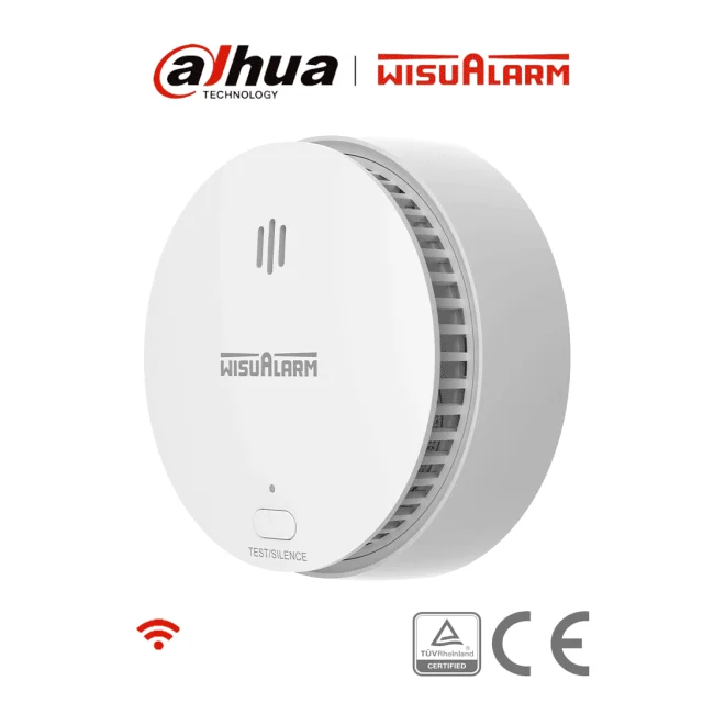 DAHUA WISUALARM HY-SA2FA - Detector Inteligente de Humo WiFi 2.4 Ghz, Sensor Fotoeléctrico, Sonido de Alarma de 85dB, Alarma Visual y Audible, Envía Notificaciones en Tiempo Real a APP, Certificaciones TÜV and CE,
