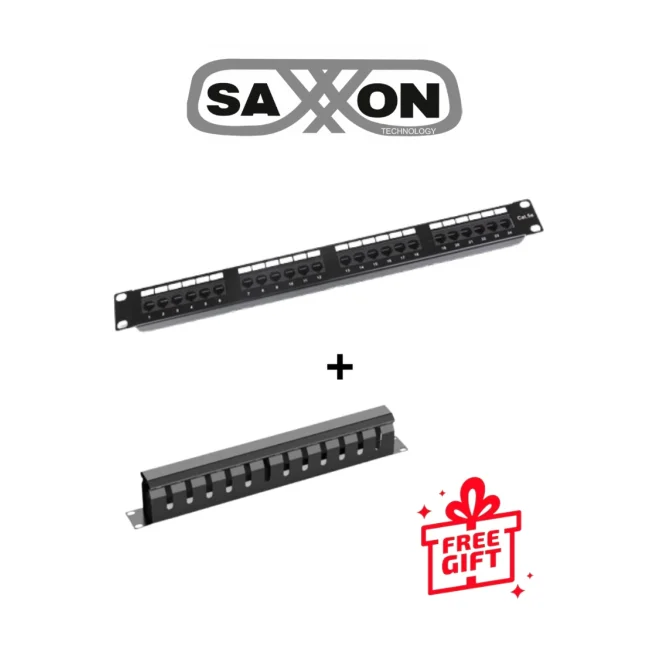 SAXXON KIT - Patch Panel 24 puertos / CAT 5E / 19 Pulgadas + GRATIS Organizador de cables horizontal con tapa para rack de19" / 1UR