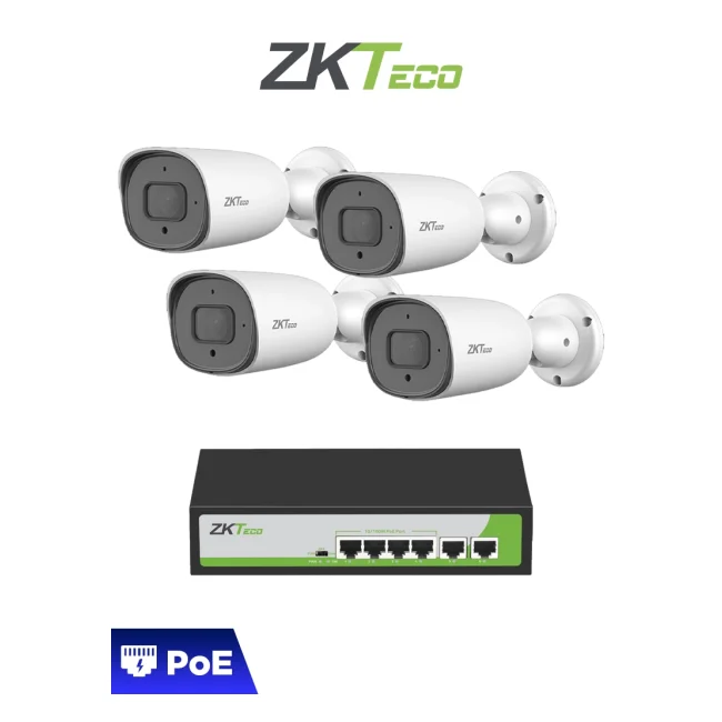 ZKTECO POE4255CPAK - Paquete de 4 Cámaras IP Bullet Full Color 5MP BS855P12CS7CMI con Switch PoE Fast Ethernet 4 Puertos AF/AT