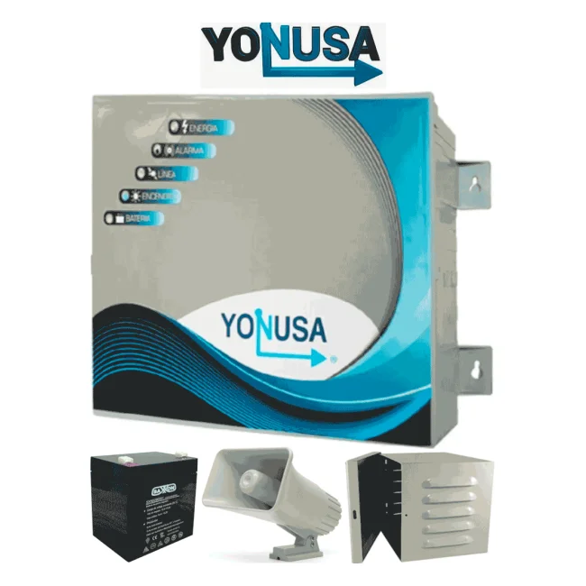 YONUSA EY10000127AFBAT - Paquete de energizador anti plantas o alta frecuencia de 10,00V con hasta 10,000 mts lineales, incluye batería de respaldo de 12VDC a 4.5 AH, sirena de 30W y gabinete metálico