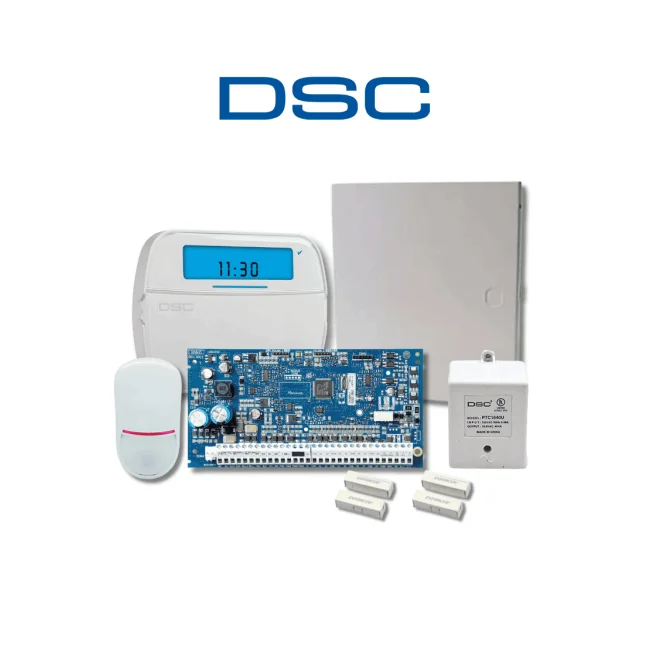 DSC NEO-ICON-SB - Paquete SERIE NEO con panel HS2032 de 8 zonas cableadas expandible a 32/Teclado de Iconos HS2ICN /Sensor PIR LC200 Cableado/2 contactos blancos cableados/Transformador/Gabinete GTVCMX003/Sin Batería/