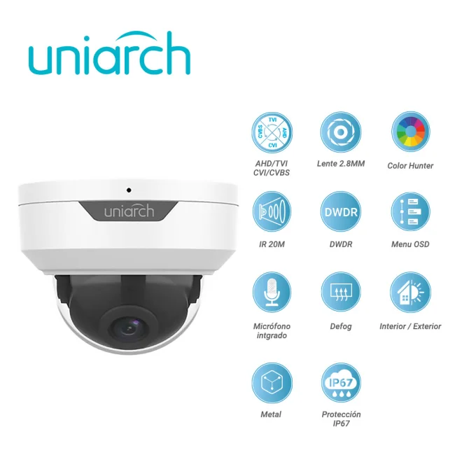 CAMARA ANALOGICA LIGHTHUNTER DOMO  UNIARCH UAC-D122-AF28M / UAC-D122-AF28M-H  / 2MP / AHD/TVI/CVI/CVBS / LENTE FIJO 2.8 MM / 12 VCD / IP67 / IR 20M / DWDR  / MENU OSD / MIC INCLUIDO / DEFOG / 3 AXIS / INTERIOR / EXTERIOR / METALICA image 3