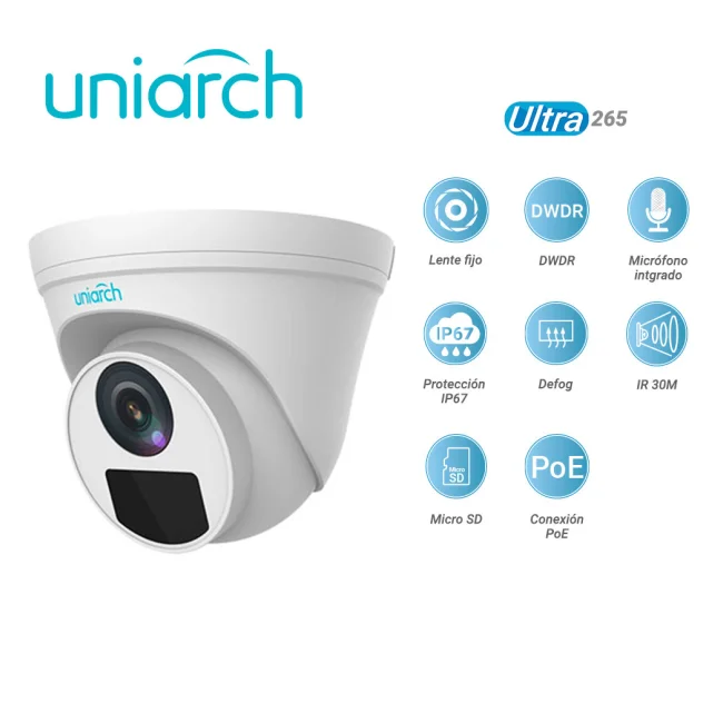 CAMARA IP TURRET UNIARCH IPC-T122-APF28K / 2MP / LENTE-2.8MM / DWDR / IR30M / MICROSD128GB / MICROFONO-INTEGRADO / DIGITAL-DEFOG / MOTION-DETECTION / ONVIF / IP67 / 3-AXIS / ULTRA265 / POE-AF / 12 VCD