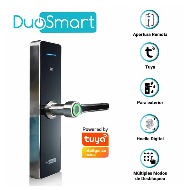CERRADURA BIOMETRICA WIFI 2.4 GHZ DUOSMART F30 PARA EXTERIORES. ACEPTA TARJETAS MF, HUELLA DIGITAL, CONTRASEÑA Y LLAVE; CON PUERTO DE ALIMENTACION DE EMERGENCIA USB TIPO C; ES COMPATIBLE CON LA APLICACION DUOSMART