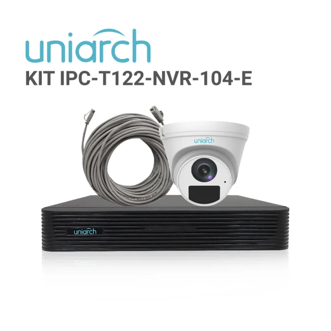 KIT UNIARCH TURRET 2MP / 4 CÁMARAS TIPO TURRET IPC-T122-APF28-E CON LENTE FIJO 2.8 MM / ULTRA 265 / 3-AXIS / DWDR / 2D/3D DNR / MICROFONO INTEGRADO/ IR 30 M / IP67 / 1 NVR-104E2-P4 Y 4 CABLES PREARMADOS