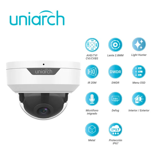 CAMARA ANALOGICA LIGHTHUNTER DOMO  UNIARCH UAC-D122-AF28M / UAC-D122-AF28M-H  / 2MP / AHD/TVI/CVI/CVBS / LENTE FIJO 2.8 MM / 12 VCD / IP67 / IR 20M / DWDR  / MENU OSD / MIC INCLUIDO / DEFOG / 3 AXIS / INTERIOR / EXTERIOR / METALICA