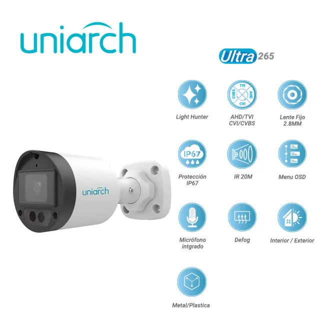 CAMARA ANALOGICA LIGHTHUNTER BULLET UNIARCH UAC-B122-AF28LM / UAC-B122-AF28LM-H / 2MP / AHD/TVI/CVI/CVBS / LENTE FIJO 2.8MM / 12VCD / IP67 / IR 20M / DWDR / MENU OSD / MICROFONO INTEGRADO / DEFOG / INTERIOR / EXTERIOR / METAL PLASTICA image 3