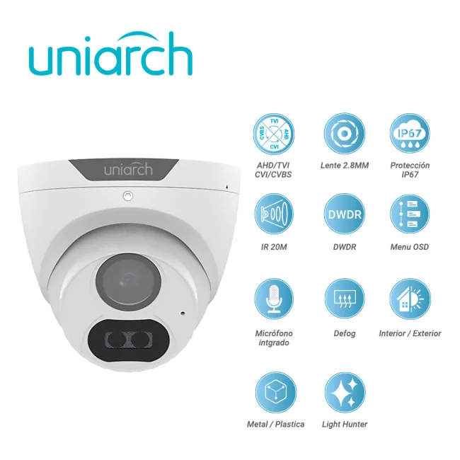 CAMARA ANALOGICA LIGHTHUNTER TURRET UNIARCH UAC-T122-AF28LM / UAC-T122-AF28LM-H / 2MP / AHD/TVI/CVI/CVBS / LENTE FIJO 2.8 MM / 12 VCD / IP67 / IR 20M / DWDR / MENU OSD / MICROFONO INTEGRADO / DEFOG / 3 AXIS / INTERIOR / EXTERIOR / METAL PLASTICA image 3