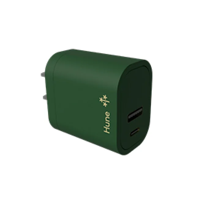 CARGADOR DE PARED HUNE HURON SUSTENTABLE 2 PUERTOS (USB A + TIPO C) CARGA SIMULTANEA (BOSQUE)