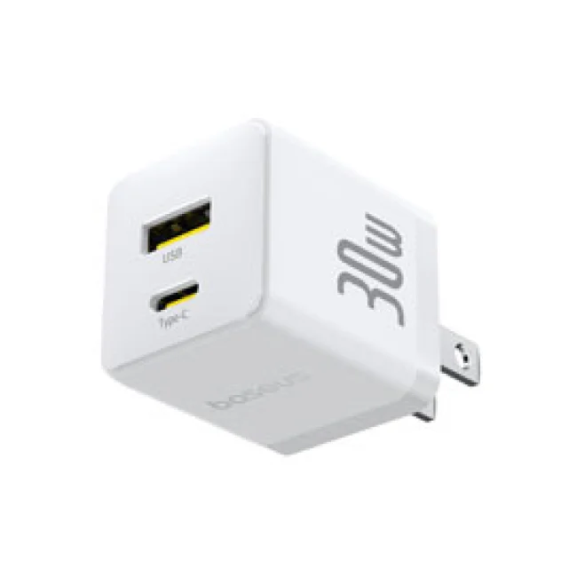 CARGADOR DE PARED 2 PUERTOS BASEUS, CARGA RPIDA, 1 TIPO C1 USB-A 30W, COLOR BLANCO